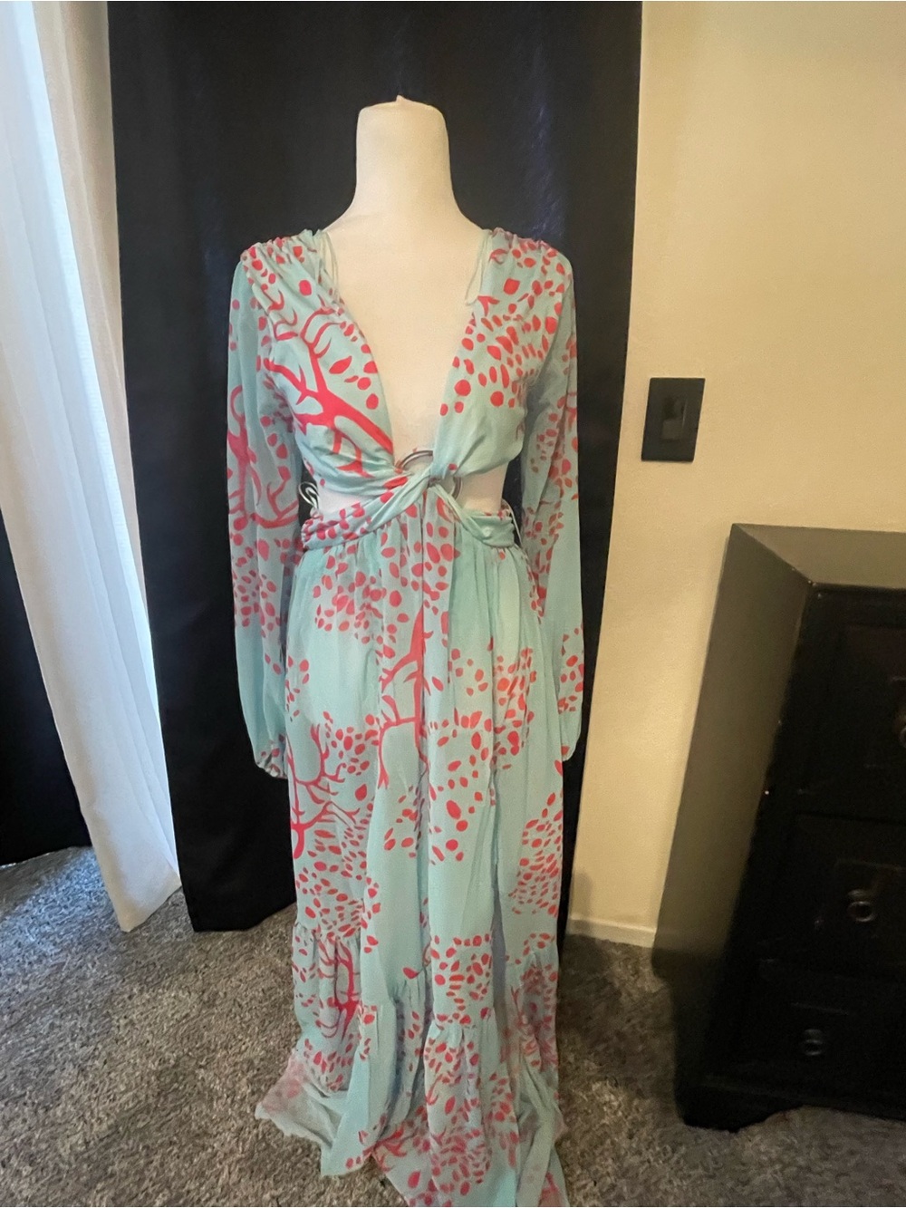 Luxxel Aqua Maxi Dress with Coral Pink Print